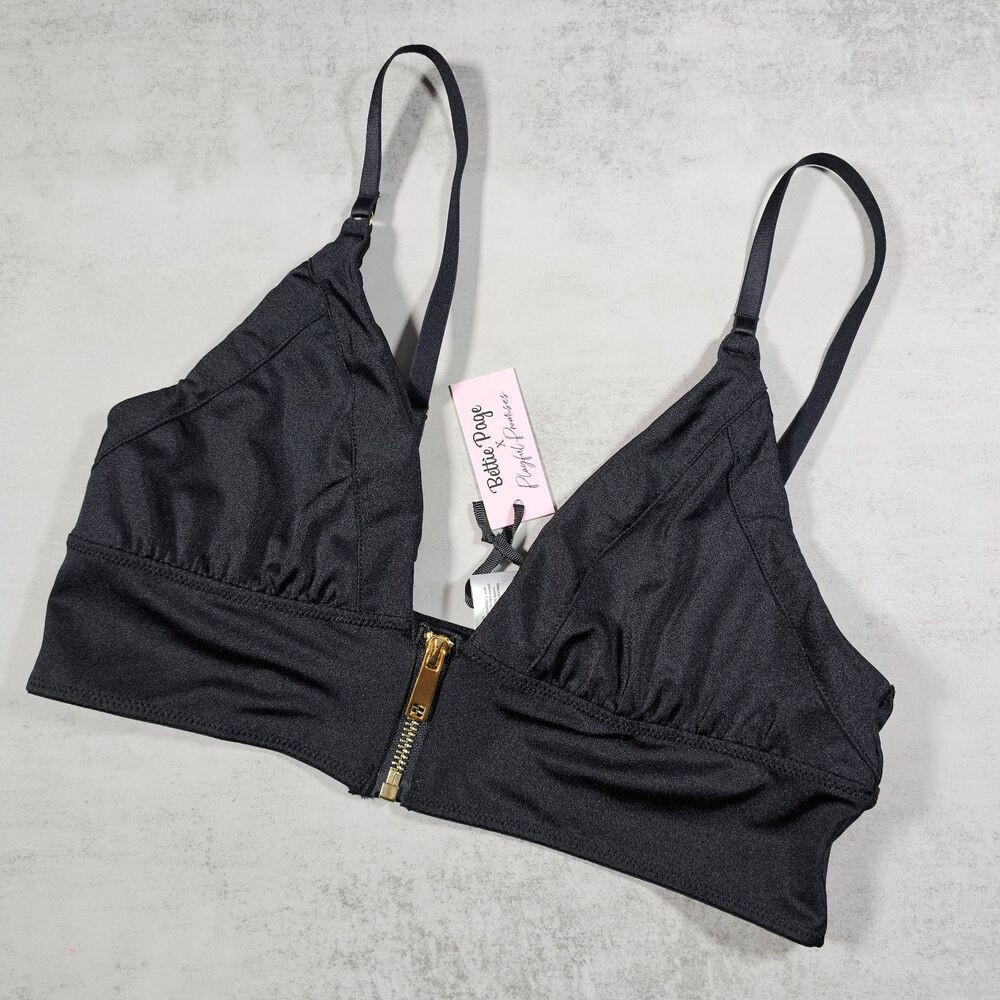 Bettie Page Playful Promises Daphne Black Microfibre Wireless Zip Bra Size US 10